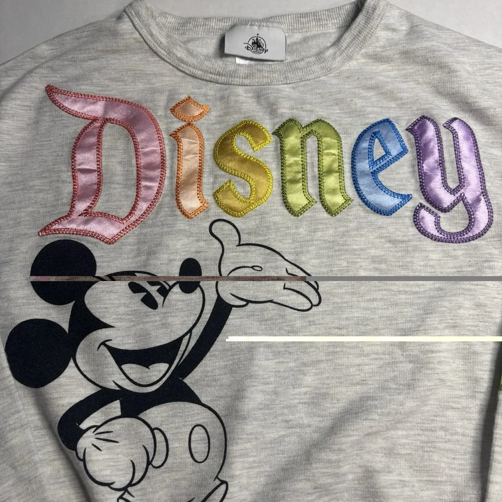 Disney Parks Mickey Mouse Sweatshirt Youth Large Rainbow Satin Embroidered Gray